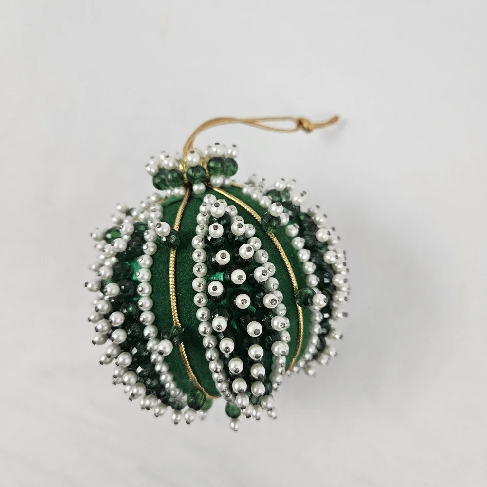 Vintage Satin Velvet Beaded Sequin Push Pin Christmas Tree Ornament Green